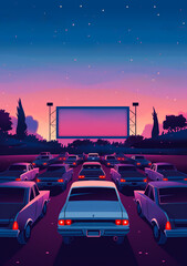 illustration d'un drive-in Américain avec des voitures alignées en face d'un écran de cinéma en extérieur - format vertical	
