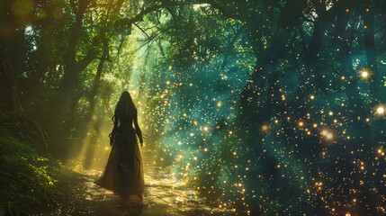 Powerful woman sorcerer walking in fairy forest  - obrazy, fototapety, plakaty