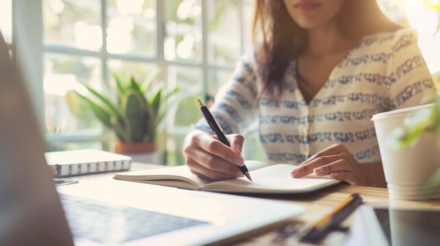 Notebook, pen, and hands of summary note-taker, itinerary planner, or appointment planner. Project, closeup secretary, receptionist meeting, notebook, or report plan