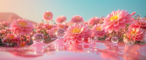 Obraz premium Calm water reflects the delicate beauty of blooming flowers, with sunlight enhancing their hues and a tranquil atmosphere inviting contemplation