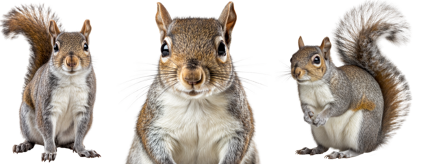 Grey squirrel bundle, sitting and portrait, isolated on a transparent background