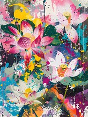 Vibrant Floral Abstract Painting with Colorful Splatter and Botanical Expressions