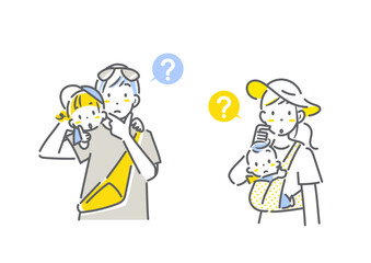 夏の旅行中の四人家族　考える　シンプルでお洒落な線画イラスト