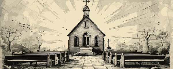 Faith in God concept sketch. Worship, church, religious symbols in vintage engraving style. vector simple illustration