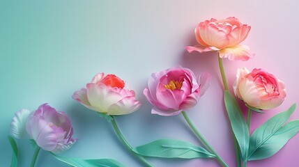 A tranquil image featuring five peonies with a beautiful gradient from blue to peach, depicting serenity and natural beauty