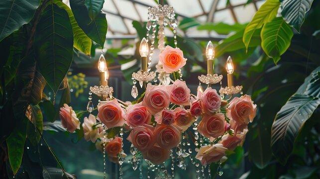 There are pink roses hanging from strings of crystals with a blurred background of yellow lights.