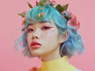 A stylish young woman with blue hair and a floral crown giving a vibrant and playful look