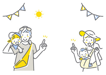 旅行を楽しむ4人家族　シンプルでお洒落な線画イラスト