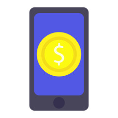 Phone, coin, dollar, cryptocurrency, flat design, simple image, cartoon style. The concept of making money on the Internet. Vector line icon for business and advertising