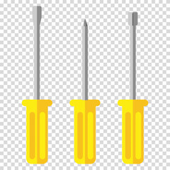 A pack of three screwdrivers with different tips, work, labor, husband for an hour, flat design, simple image, cartoon style. Specialized tools concept. Vector line icon for business and advertising