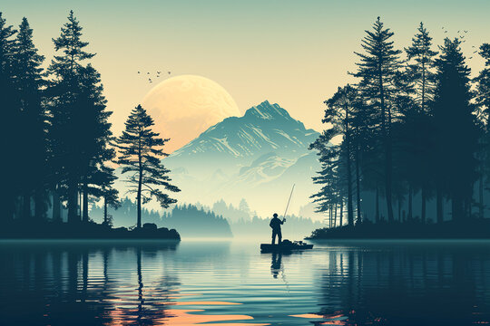 A man is fishing in a lake with a beautiful sunset in the background
