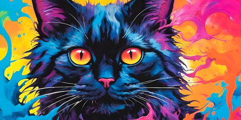 Drawing of a black cat wet from paint, Wallpaper with black cat