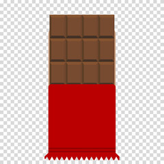 Chocolate bar in red packaging, unhealthy and fatty food, cholesterol, sugar, sections, flat design, simple image, cartoon style. Vector line icon for business and advertising