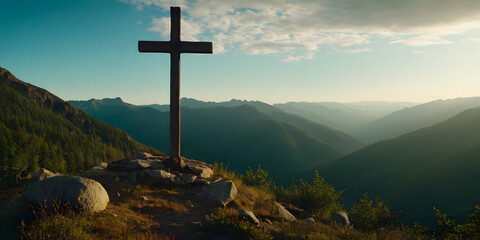 wood cross in the mountains, beautiful view from top of the mountain with wooden cross