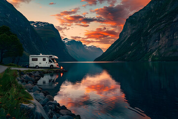 Tranquil RV Adventure: Lakeside pause in an exciting journey amid nature's grandeur