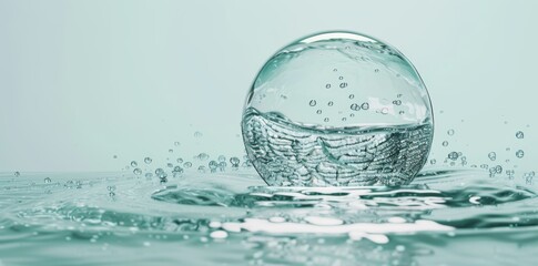 Photo of a drop of water in the air with bubbles on a white background