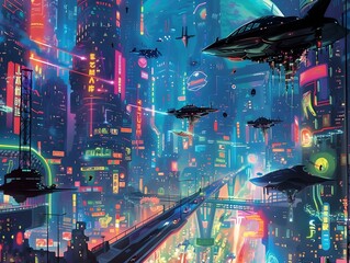 Dazzling Futuristic Cityscape with Towering Skyscrapers and Hovering Vehicles in Neon Lit Night Landscape