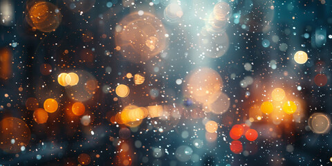 Blurred snow falling in the city with blurry snowflakes, buildings and street lights at night and  bokeh light effect, light particles 