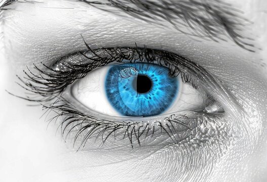 An image in black and white showing a womans right eye in closeup with a blue iris