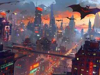 Futuristic Cityscape with Towering Skyscrapers Glowing Neon Lights and Hovering Vehicles