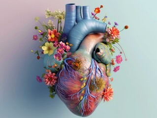 A bright and lively digital representation of a human heart, embraced by the fullness of summer’s floral offerings - obrazy, fototapety, plakaty