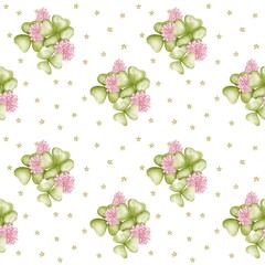Seamless clover pattern, ideal for use in packaging design, fabric prints, gift wrap, and stationery—delicate, nature-inspired design with a soft and organic feel.
