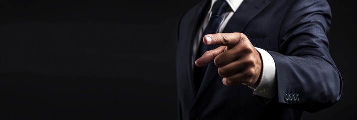  a businessman in a suit pointing with his finger on a black background - obrazy, fototapety, plakaty