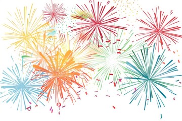 A colorful fireworks display with a white background. The fireworks are in various colors and sizes, creating a vibrant and lively atmosphere. Concept of excitement and celebration