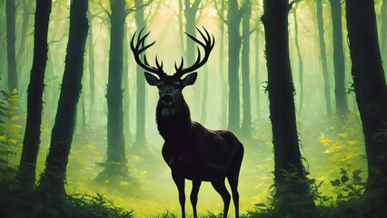2d illustration of silhouette buck in magical green forest