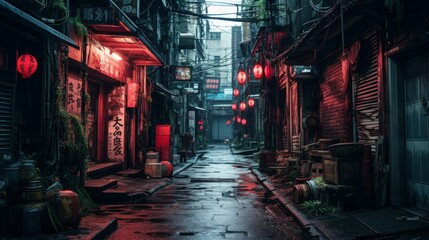 A mysterious dark alley illuminated by eerie red lights and lanterns