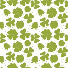 Bright, seamless pattern featuring green clovers and leaves on a white background. Perfect for St. Patrick’s Day, eco-friendly packaging, and cheerful spring-themed designs.