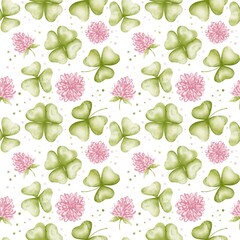 Seamless watercolor pattern with green clover leaves and pink flowers. Soft floral design, perfect for spring packaging, fabric prints, and eco-friendly products.