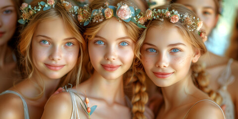 Fototapeta premium Three young girls are wearing flower crowns and smiling for the camera