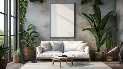 Frame and poster mockup, frame on empty wall, interior mockup with house background. Modern bright boho interior design. 3D rendering style, luxury apartment