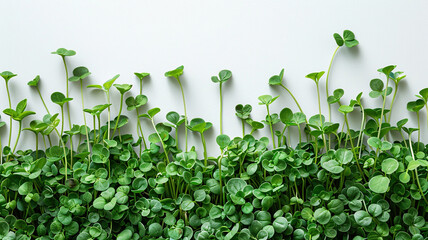 Horizontal white background with lush, dense microgreens underneath. Eco vegan healthy lifestyle bio banner. Generated by artificial intelligence