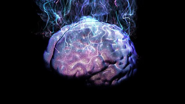 Rotating glowing human brain with colorful smoke curls. Abstract idea of imagination, AI creativity or brainstorm. Artificial intelligence inspiration, thinking or machine learning process. Looped 4K
