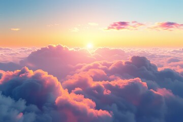 Vibrant sunrise sky with fluffy cumulus clouds on a transparent white surface, perfect for hopeful and inspiring scenes