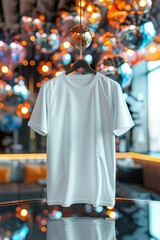 A neat white T-shirt mock-up hanging in an abstract setting with a background of glossy balloons and vibrant reflective surfaces