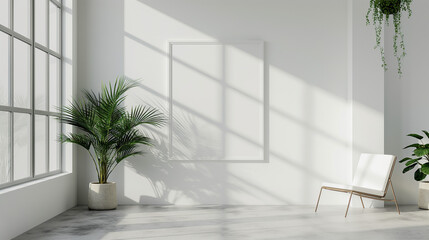 Fototapeta premium Frame and poster mockup, frame on empty wall, interior mockup with house background. Modern soft minimalism and boho interior design. 3D rendering style, luxury apartment