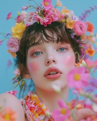 Vivid image of a woman's face framed by a vibrant and colorful array of spring flowers, reflecting beauty and nature's splendor