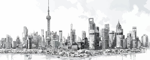 City graphic black white cityscape skyline sketch long illustration vector