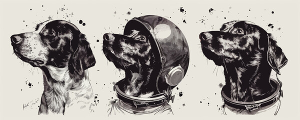 Dog portrait wearing astronaut helmet hand drawn sketch in doodle style Vector illustration