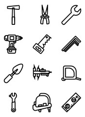 tools equipment object Icon mechanic, labour day concept vector line stroke illustration isolated on a white background.