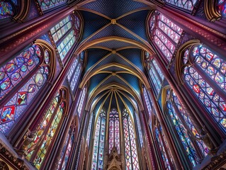 Ornate Interior of a Gothic Cathedral with Vibrant Stained Glass Windows and Arched Ceilings
