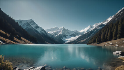 Torquese blue and green lake with icy snow mountains - obrazy, fototapety, plakaty