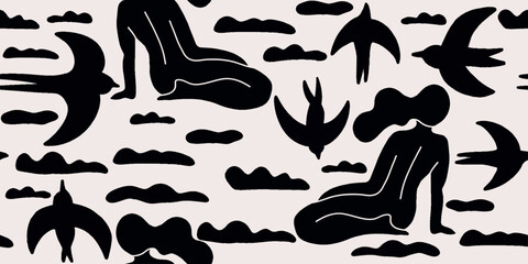 Obraz premium Vector abstract feminine, women figures illustration seamless pattern. Sitting and laying women with long hair and clouds and birds.