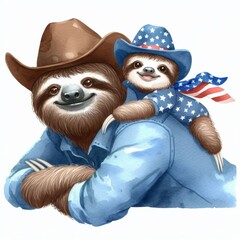 Naklejka premium Sloth Father and Son. Patriotic with American Flag. Watercolor 4th July Memorial Day Clip Art. Celebration USA (United State) Art Cute Kid Cartoon For Independence Day or Father Day