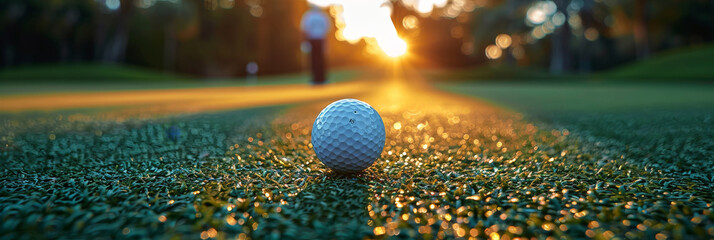A closeup of the ball on green grass  with a blurred background,  outdoor golf course - obrazy, fototapety, plakaty