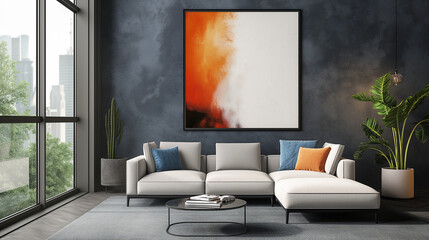 Frame and poster mockup, frame on empty wall, interior mockup with house background. Modern bright boho interior design. 3D rendering style, luxury apartment