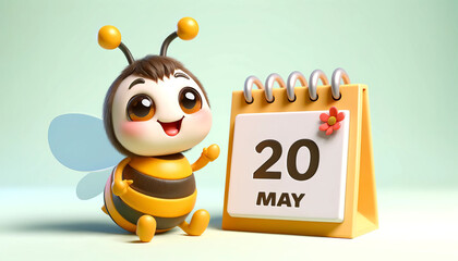 A cartoon bee is standing in front of a calendar with the date 20 May, Honey Bee, spring, world bee day.
